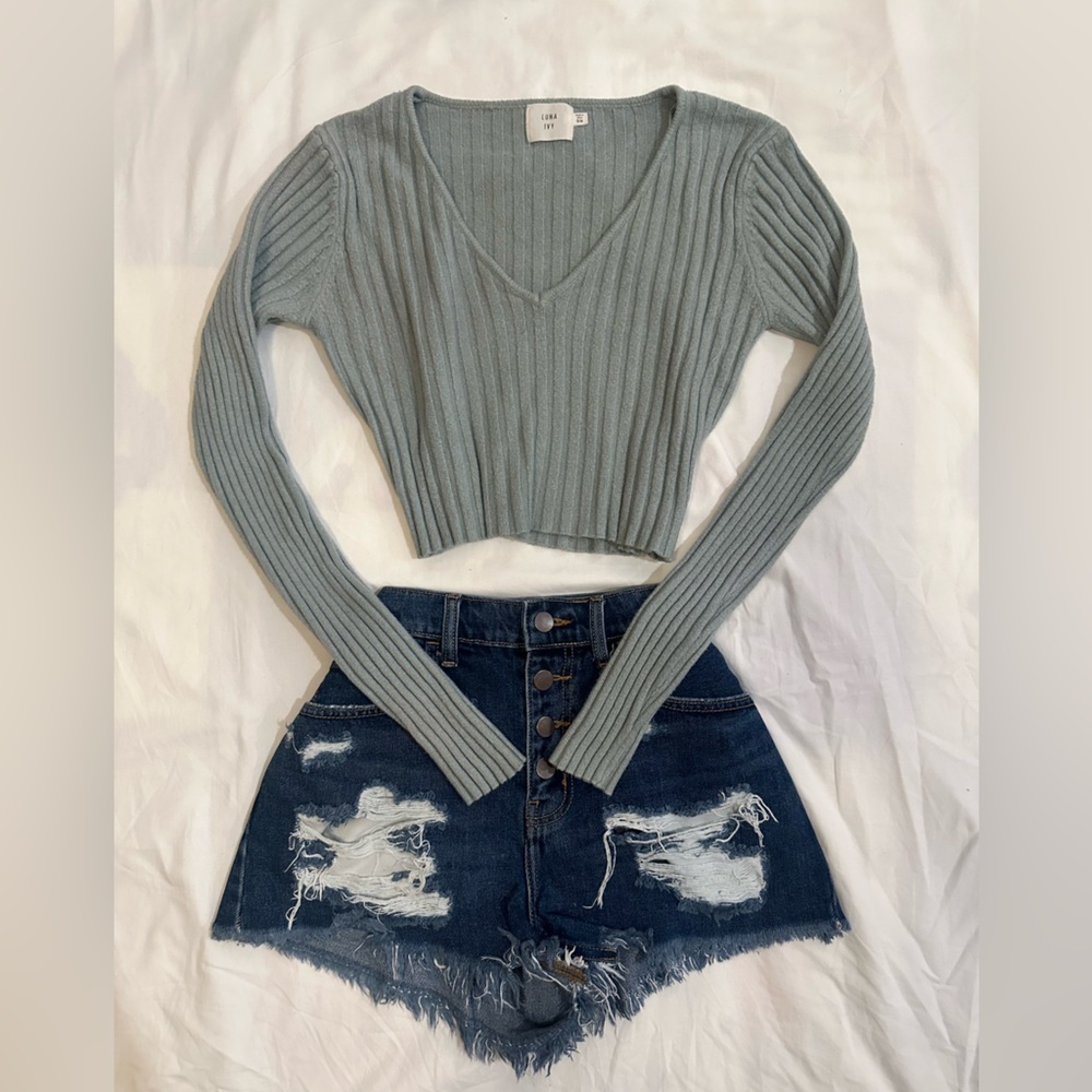 Steel Blue Ribbed V Neck Crop Top Long Sleeve Size Small